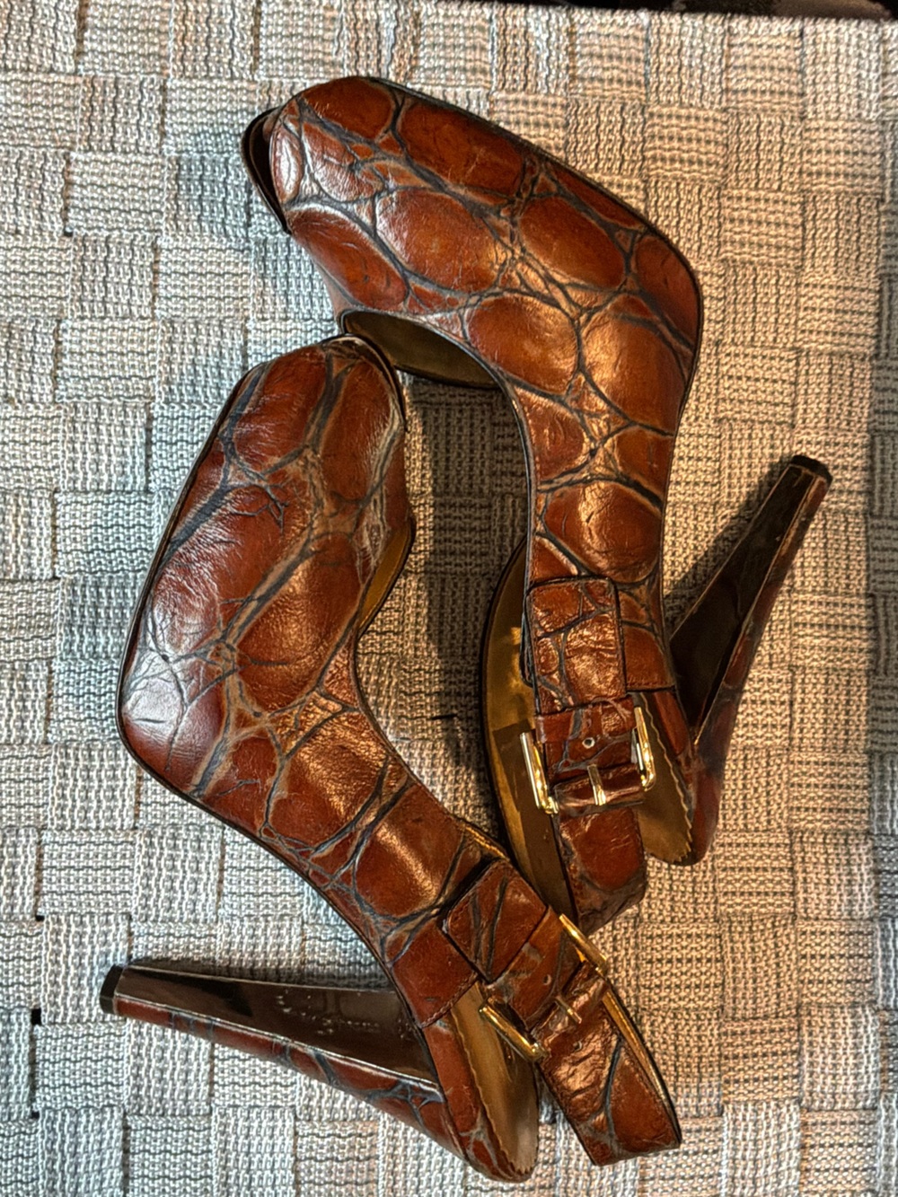 Report Signature Croc-Embossed Brown High Heel Pumps with Buckle